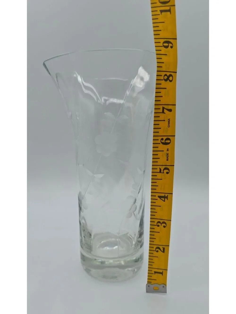 Vintage Bohemian Etched Floral Glass Trumpet Vase Czech 8